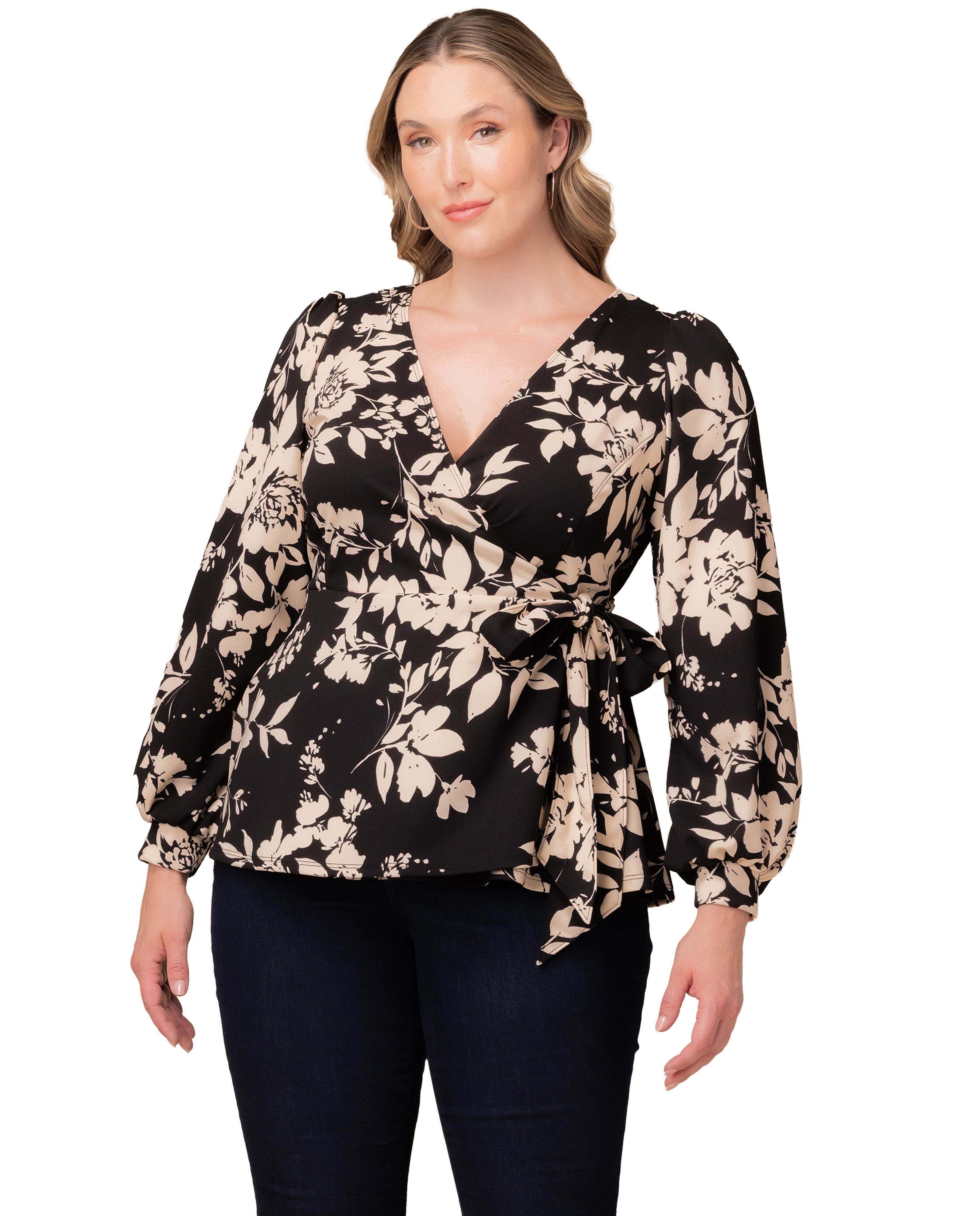 Natasha Long Sleeve Wrap Top, VINTAGE IVORY FLORALS / Black, hi-res image number 0
