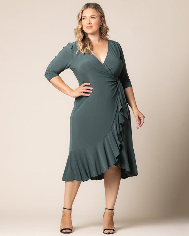 form fitting wrap dress Women's Form Fitting Wrap Style Midi Dress with Short Sleeves