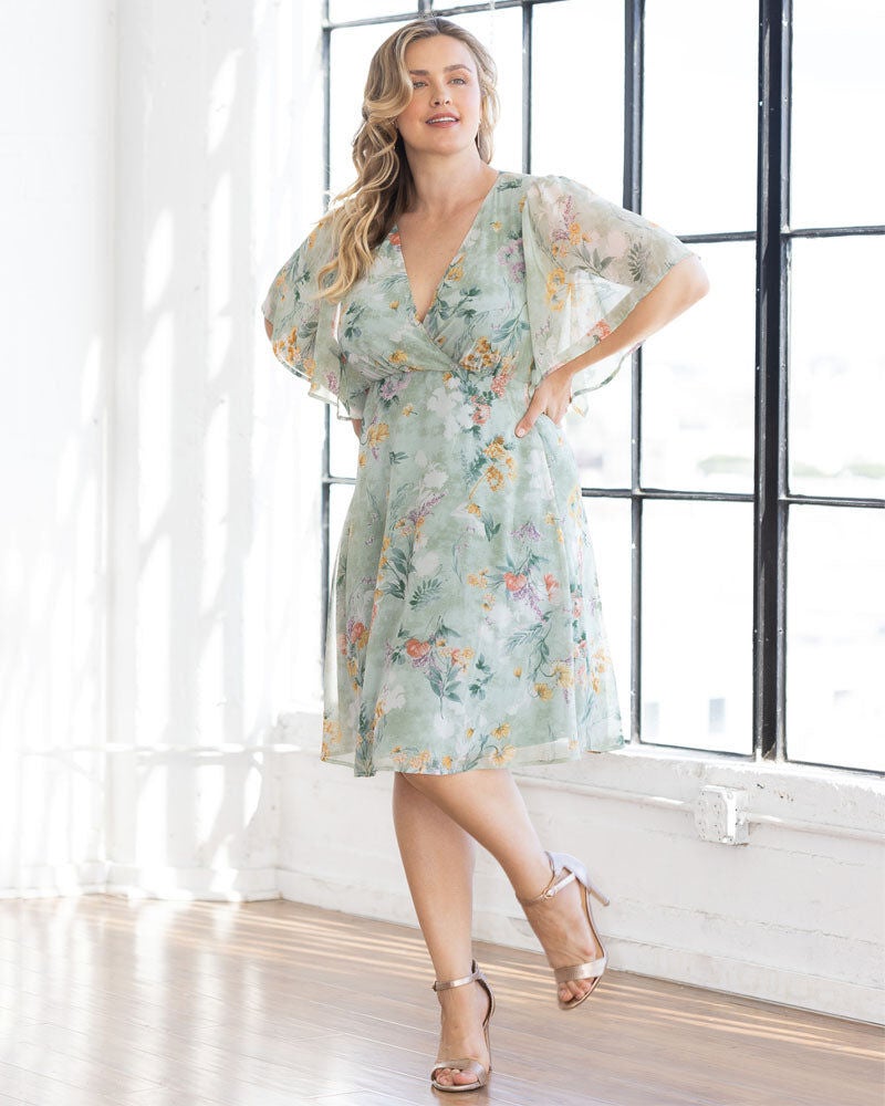 Florence Flutter Sleeve Dress, Sage Floral Print / Light Green, hi-res image number 0