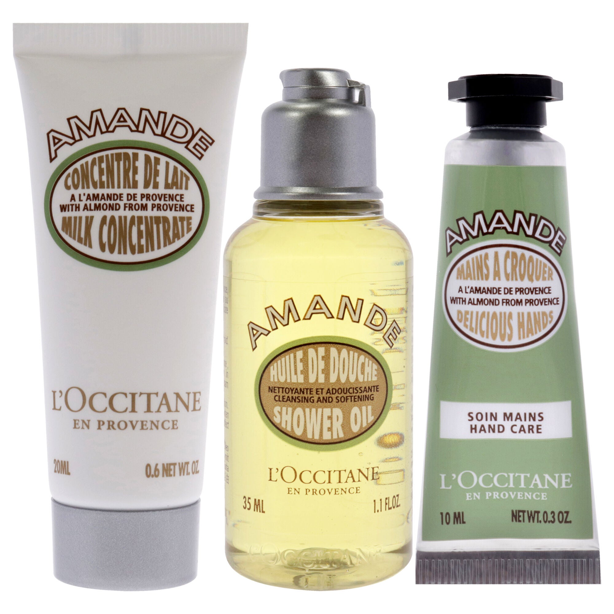Essential Trio - Almond by LOccitane for Women - 3 Pc 1.1oz Shower Oil - Almond, 0.6oz Concentrate - Almond Milk, 0.3oz Delicios Hands - Almond, See Description, alternate image number 1