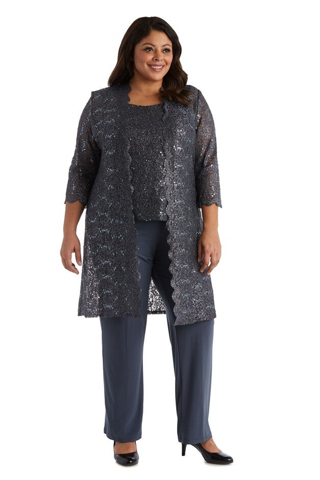 Three-Piece Pant Set with Metallic Lace Detail, Charcoal, hi-res image number null