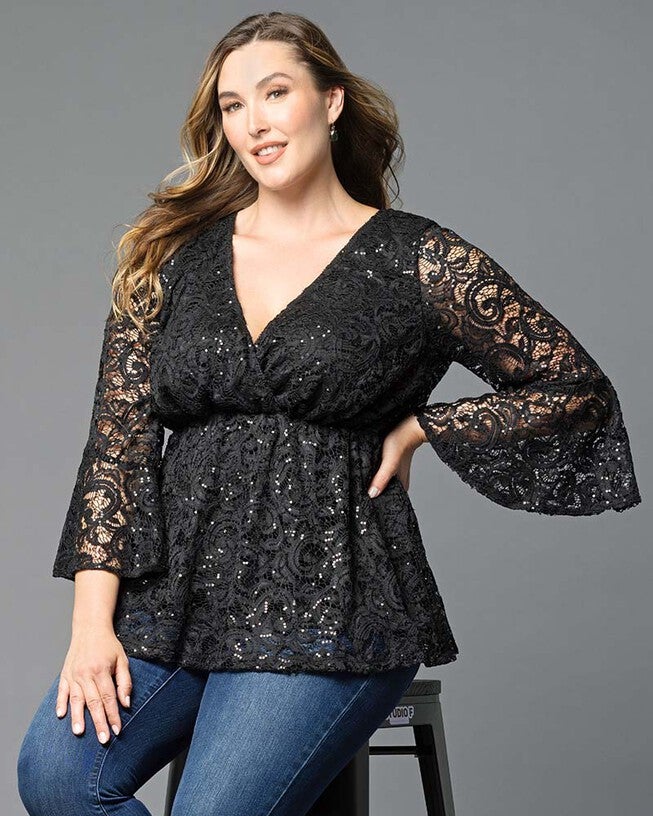Sequin Sparkle Bell Sleeve Lace Top, Teal Topaz, hi-res image number null