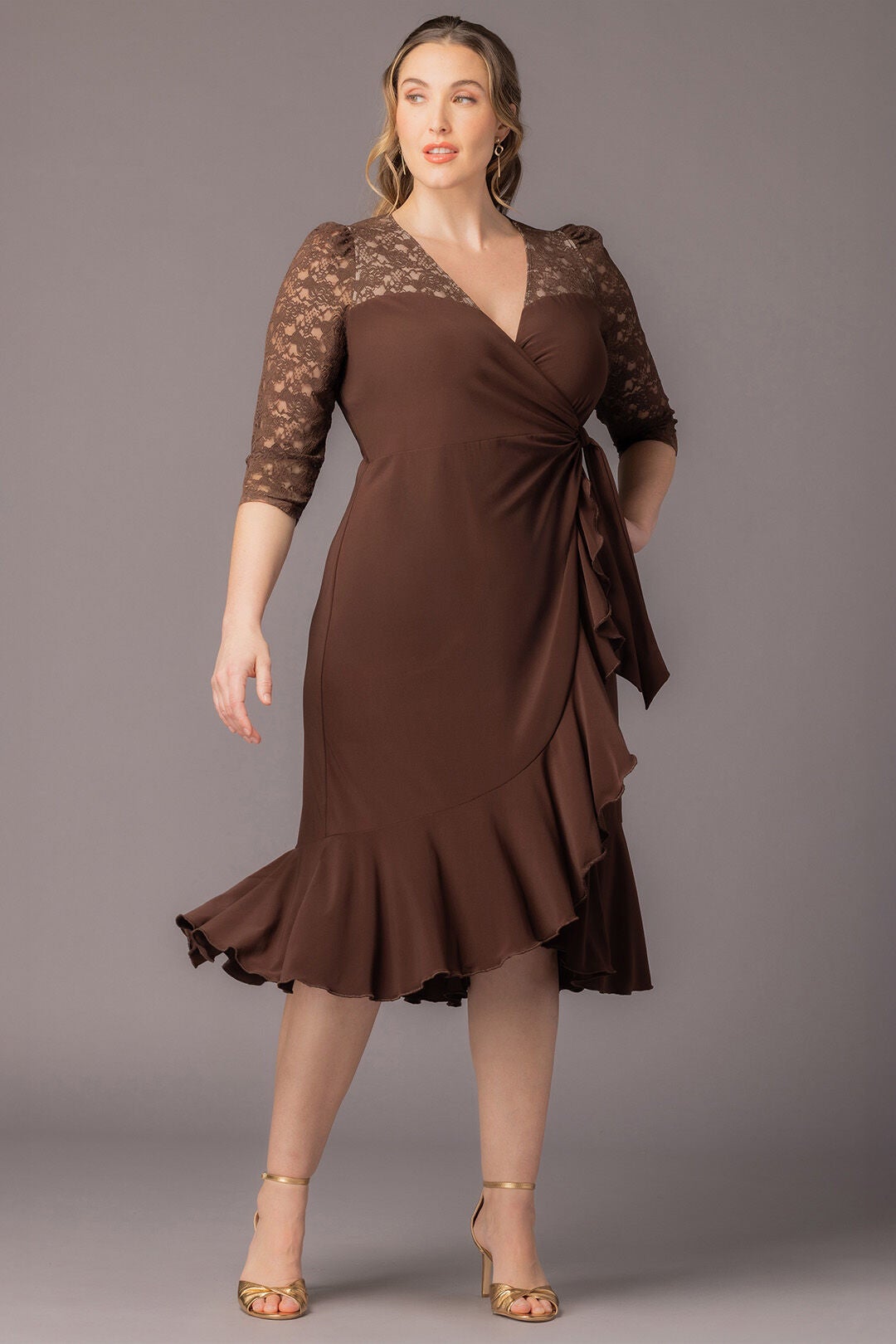 Lavish Lace Wrap Dress, Chocolate / Brown, alternate image number 2