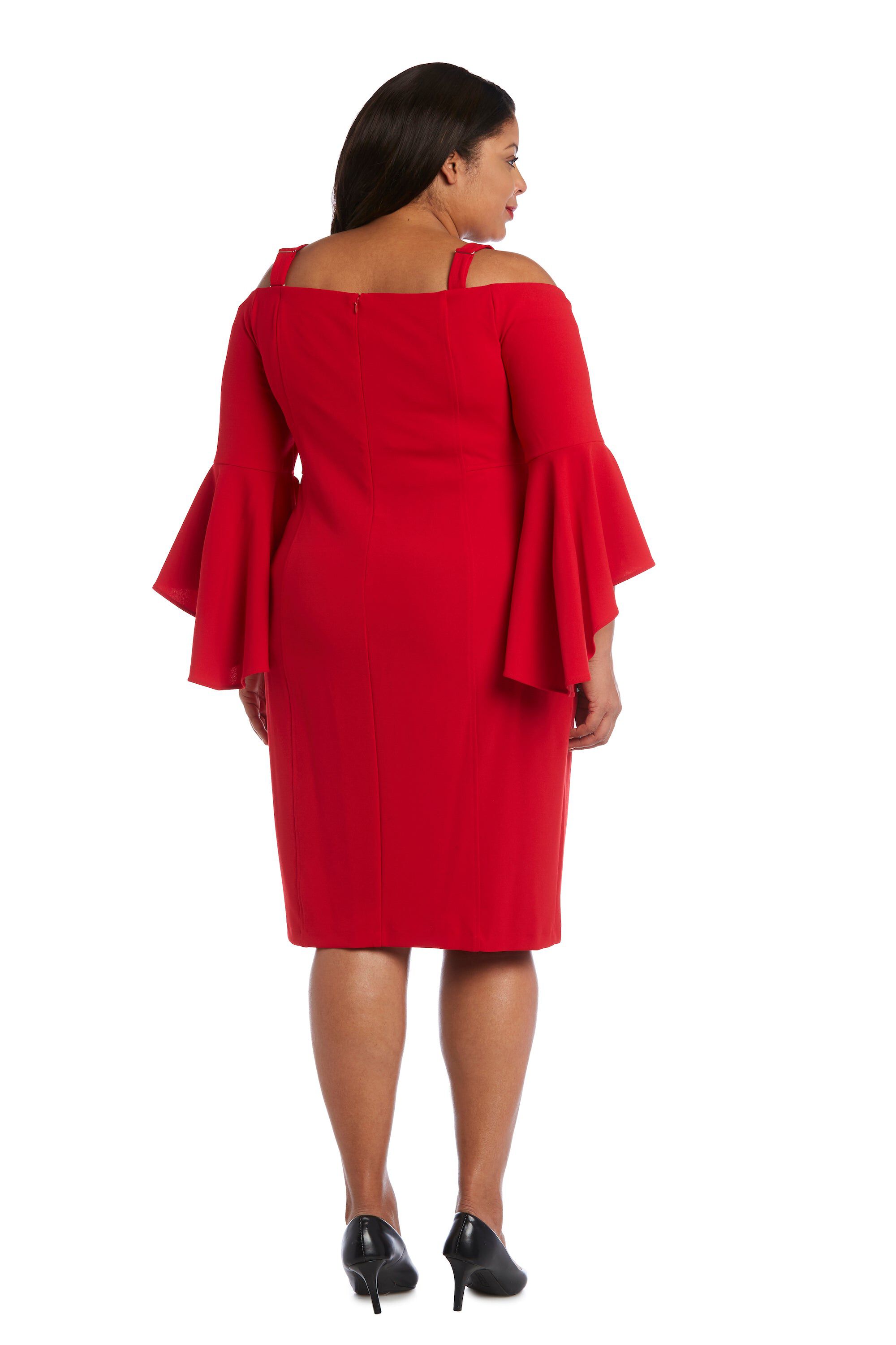 Off-the-Shoulder Sheath Dress with Fluted Sleeves, Removable Straps and Structured Seams, , alternate image number 1