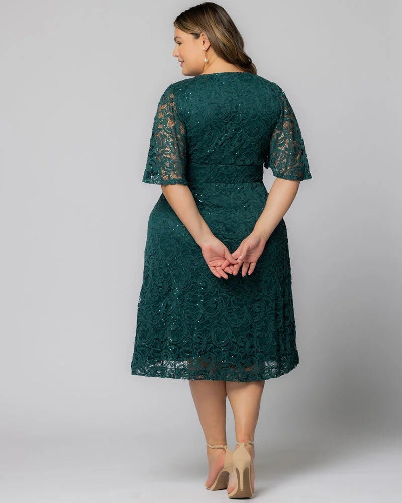 Starry Sequined Lace Cocktail Dress, Emerald Green, alternate image number 1