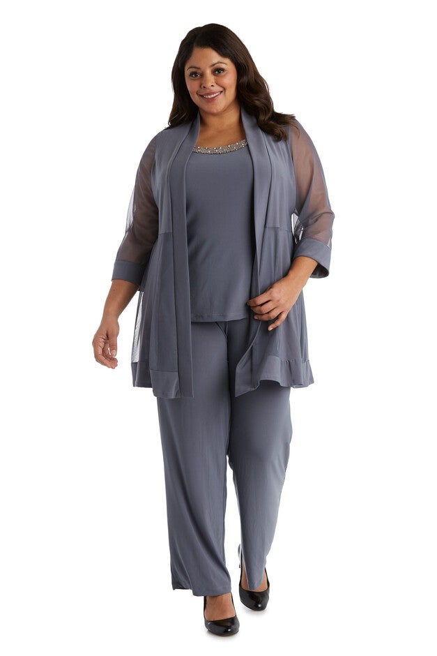 Two-Piece Pant Suit with Sheer Inserts, Beading and Diamante - Plus, Charcoal, hi-res image number null
