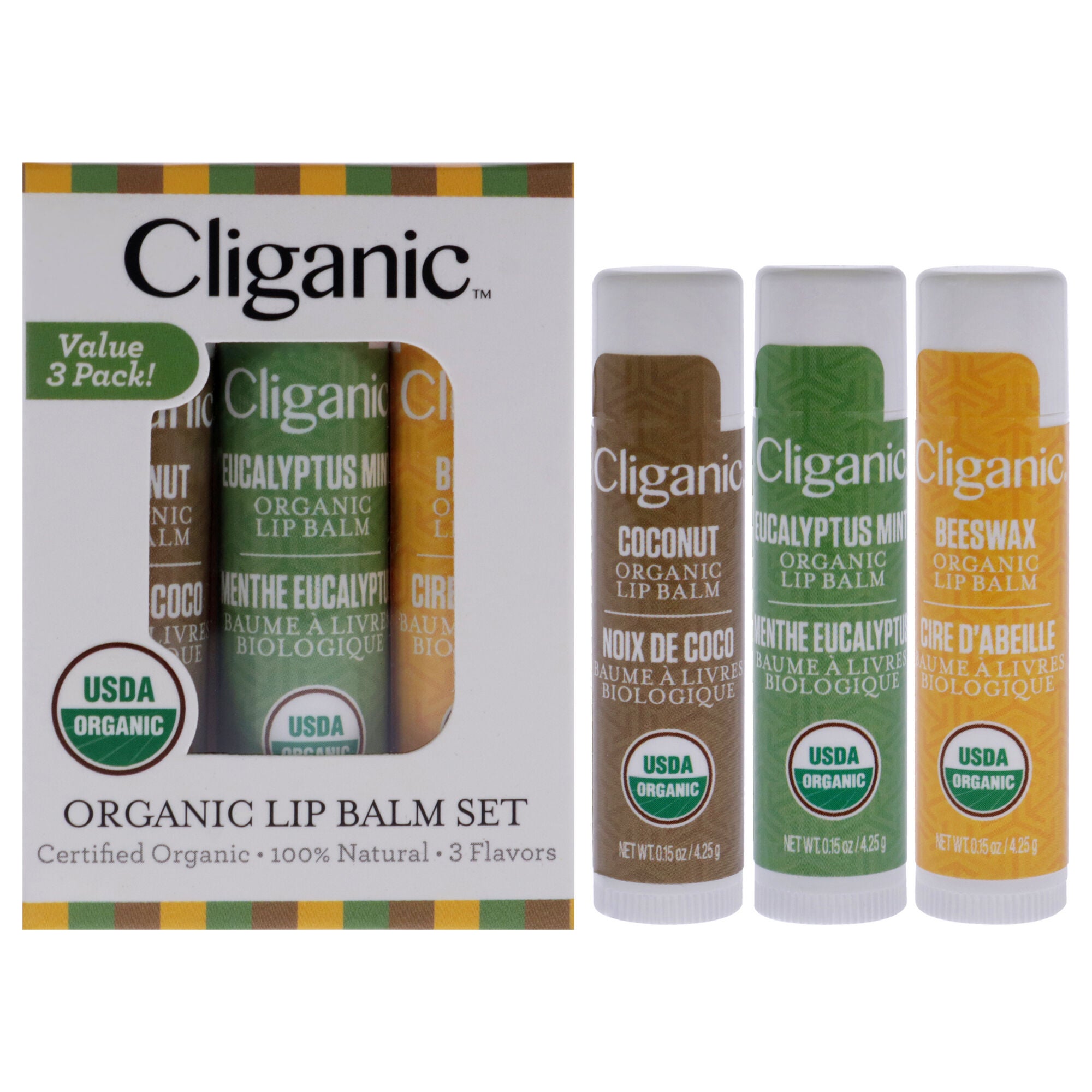 Organic Lip Balm Set by Cliganic for Unisex - 3 Pc 0.15oz Lip Balm - Beeswax, 0.15oz Lip Balm - Eucalyptus Mint, 0.15oz Lip Balm - Coconut, See Description, hi-res image number 0