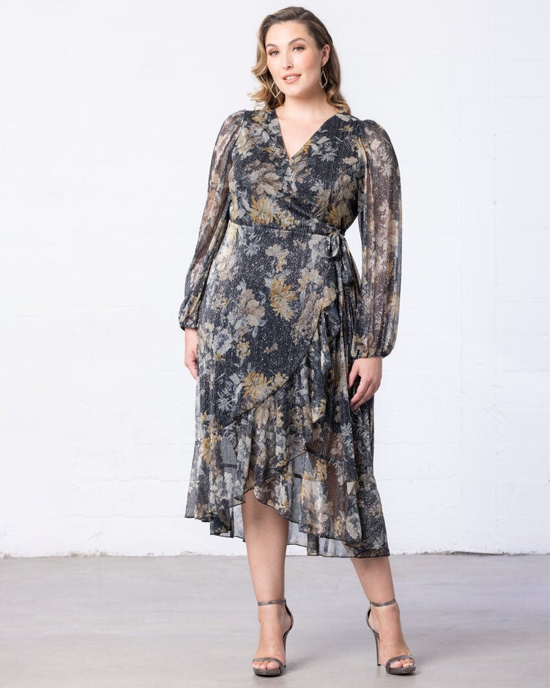 Clara Sparkling Long Sleeve Wrap Dress, Gilded Florals, hi-res image number 0