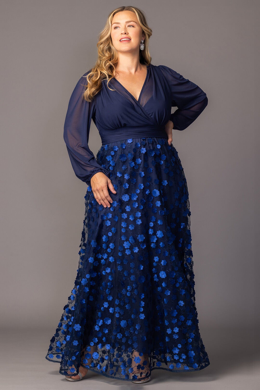 Blossoming Beauty Mesh Evening Gown, Navy Blossoms / Navy, alternate image number 4