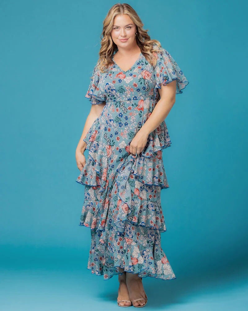 Tour de Flounce Evening Gown, Blue Garden Print, hi-res image number 0