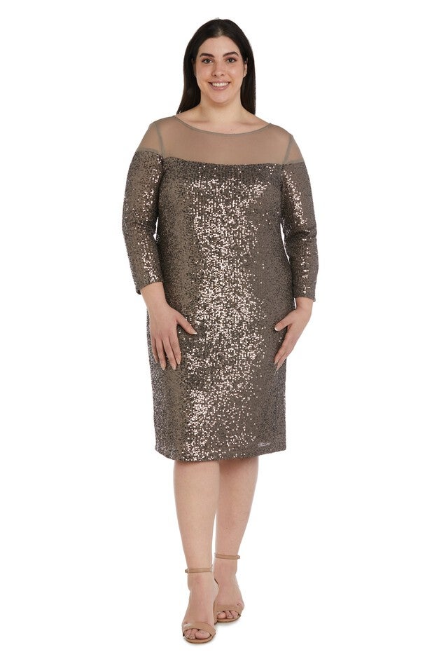 Short Sequin Dress With Illusion Bodice And Sleeve Cap - Plus, Mocha, hi-res image number null