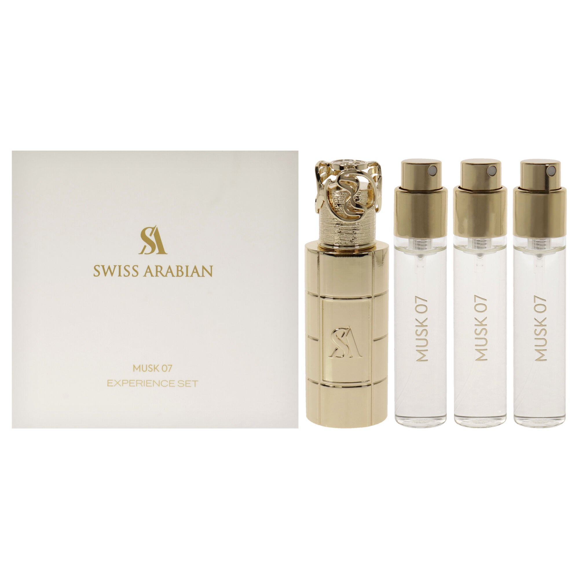 Musk 07 by Swiss Arabian for Unisex - 4 Pc Mini Gift Set 3 x 1oz Perfume Spray, Metal Case, See Description, hi-res image number 0