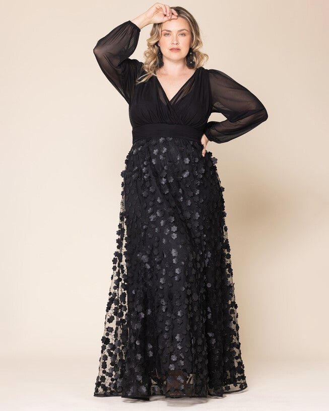 Blossoming Beauty Mesh Evening Gown, ONYX BLOSSOMS / Black, alternate image number 3