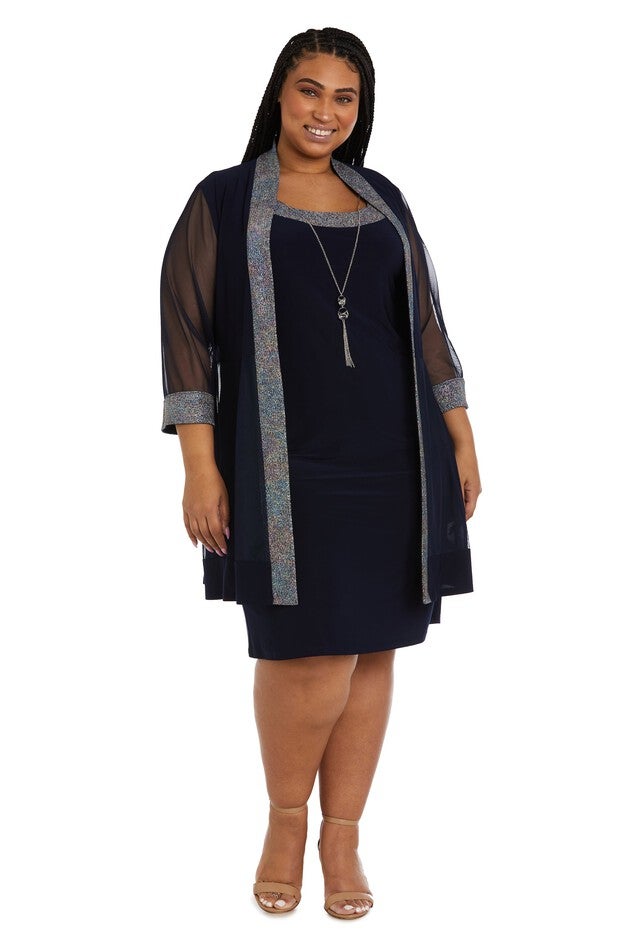 Two-Piece Foil Knit Detail Jacket Dress - Plus, Navy, hi-res image number null