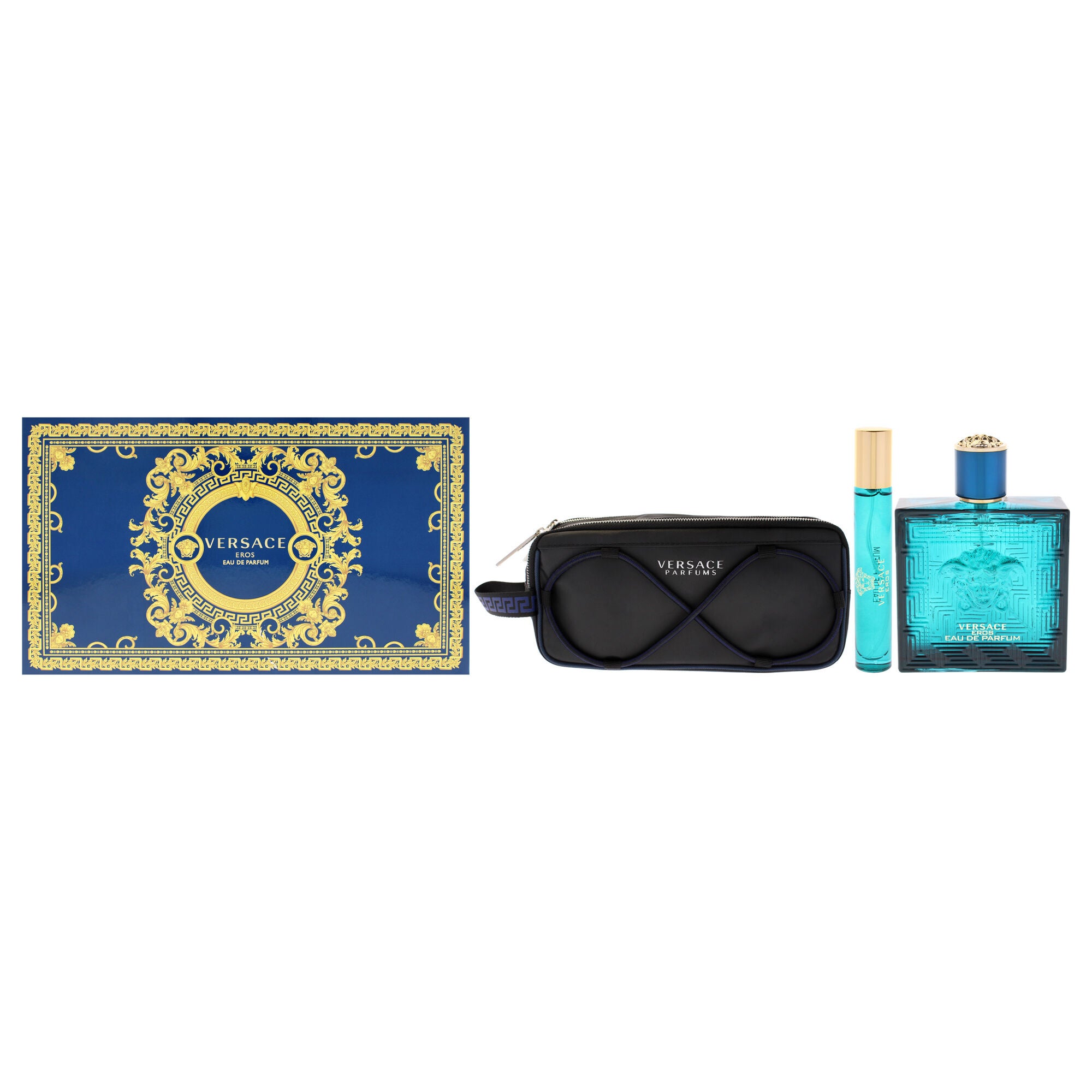 Versace Eros by Versace for Men - 3 Pc Gift Set - 3.4oz EDP Spray, 0.3oz EDP Spray, Pouch, See Description, hi-res image number 0