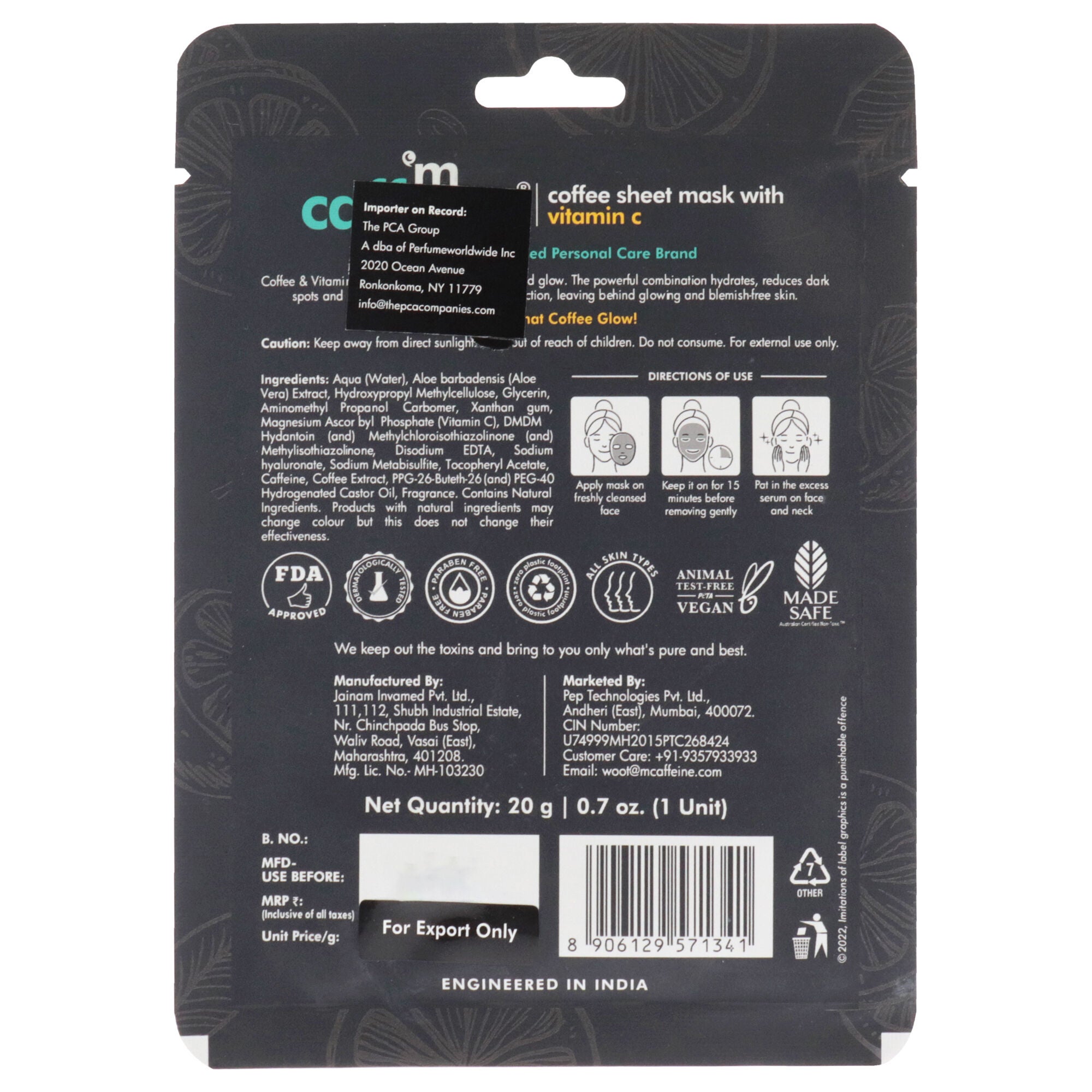 Coffee Sheet Mask with Vitamin C by mCaffeine for Unisex - 0.7 oz Mask, See Description, alternate image number 2