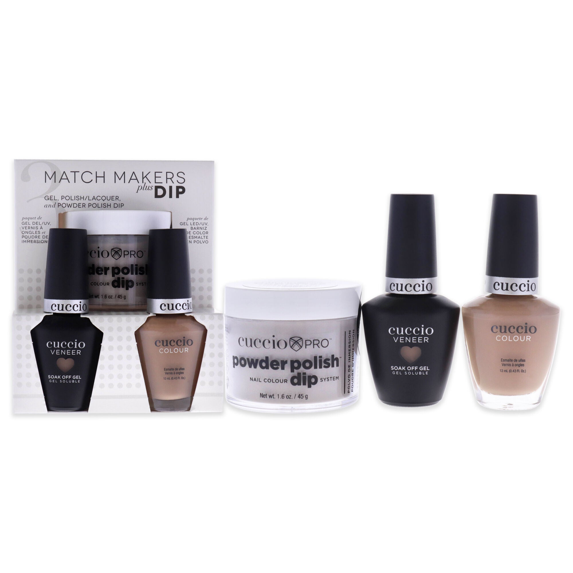 Match Makers Plus Dip - See You Latte by Cuccio Colour for Women - 3 Pc 1.6oz Pro Powder Polish Dip System, 0.44oz Veneer Soak Off Gel, 0.43oz Colour Nail Polish, Brown, hi-res image number 0