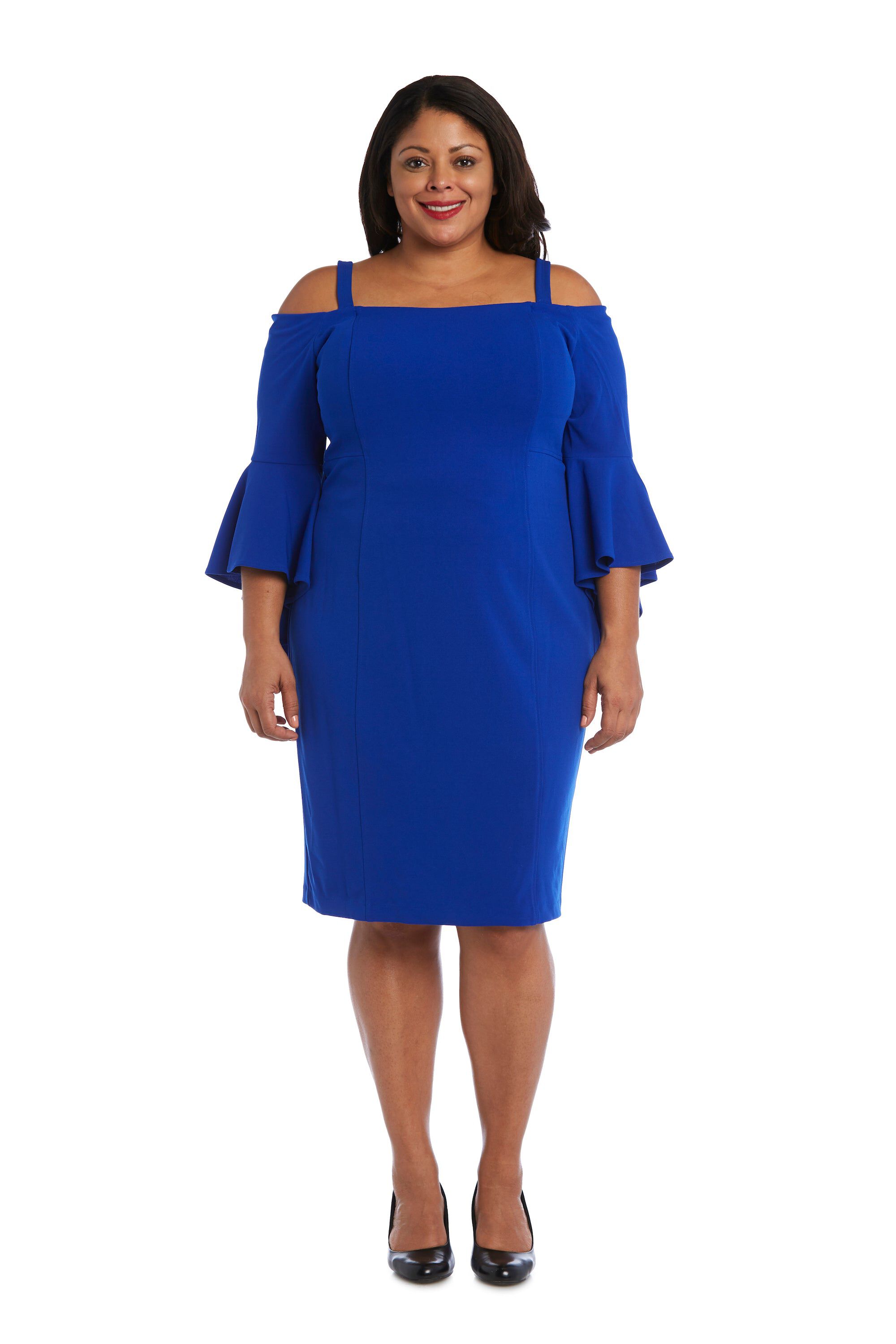 Off-the-Shoulder Sheath Dress with Fluted Sleeves, Removable Straps and Structured Seams, Royal Blue, hi-res image number 0