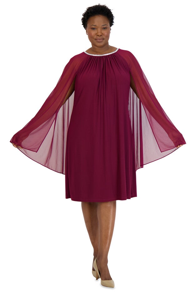 Chiffon Dress with Rhinestone Neckline and Sheer Capelet - Plus, Merlot, hi-res image number 0