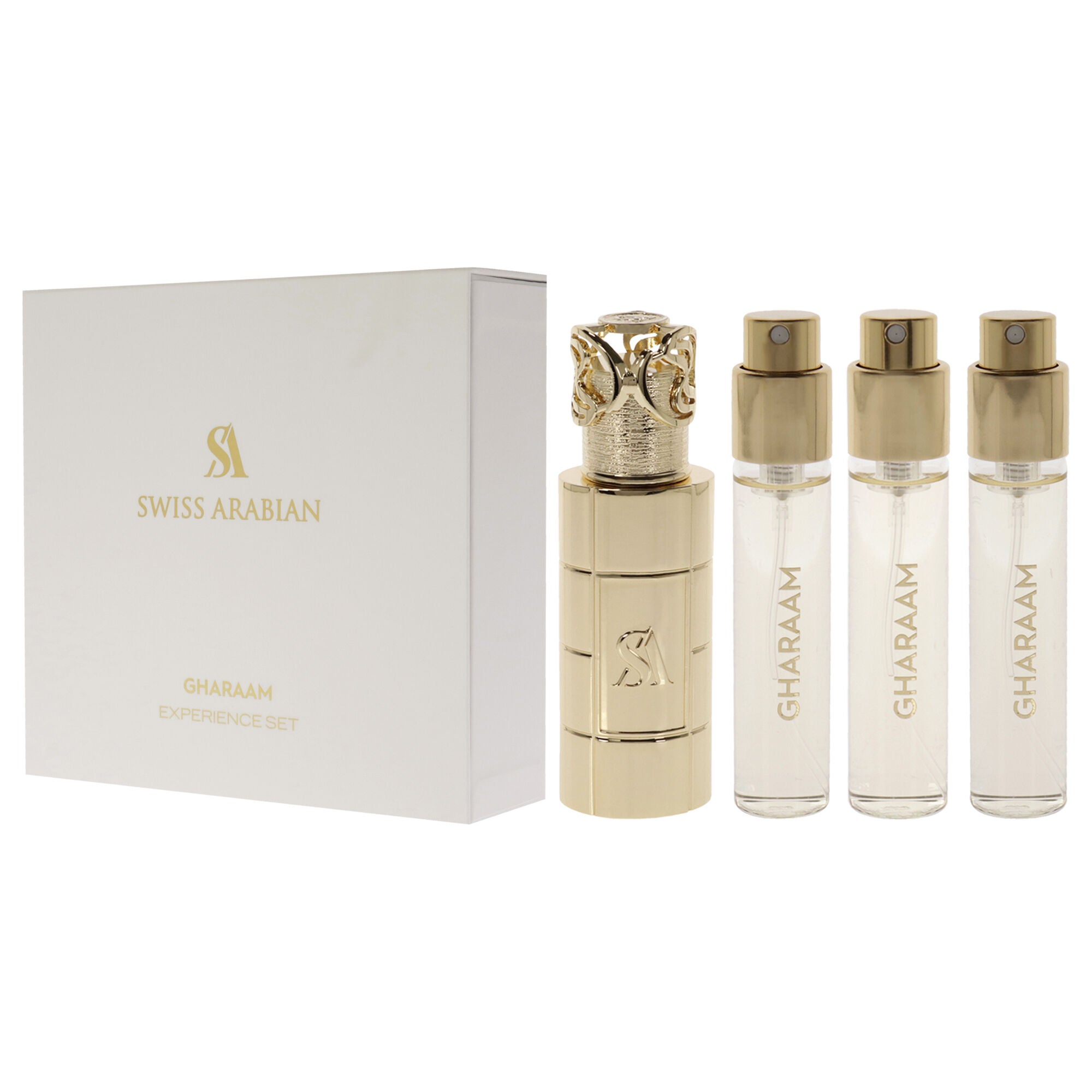 Gharaam by Swiss Arabian for Unisex - 4 Pc Mini Gift Set 3 x 10ml Perfume Spray, 1 Metal Case, See Description, alternate image number 3