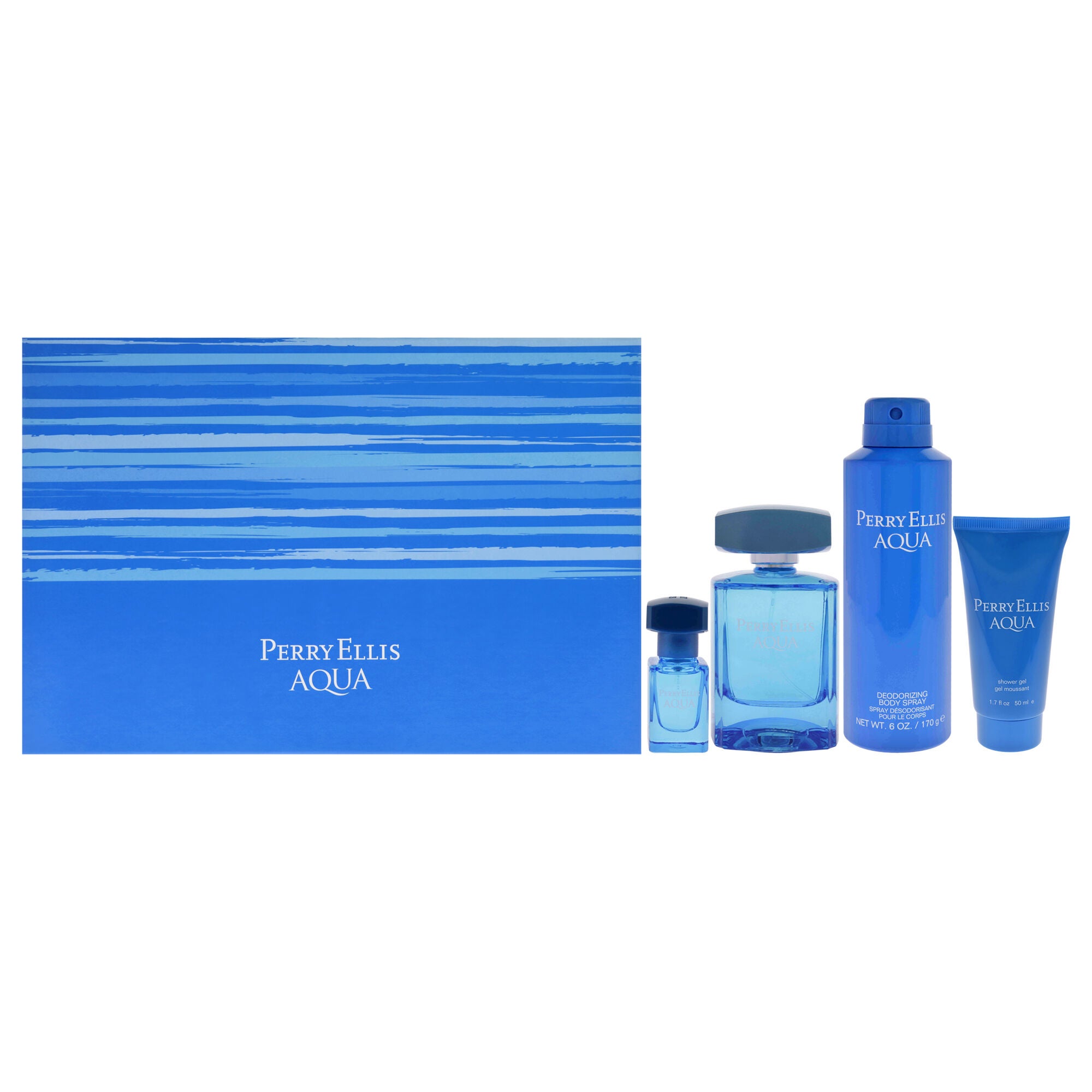 Perry Ellis Aqua by Perry Ellis for Men - 4 Pc Gift Set 3.4oz EDT Spray, 0.25oz EDT Spray, 6oz Deodorizing Body Spray, 1.7oz Shower Gel, See Description, hi-res image number 0