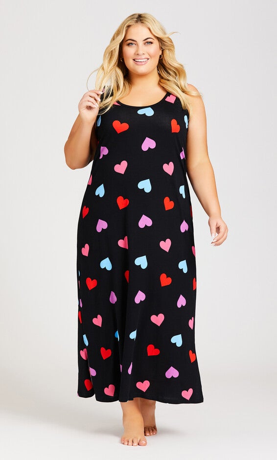 Heart Print Maxi Sleep Dress - black, Black, hi-res image number null