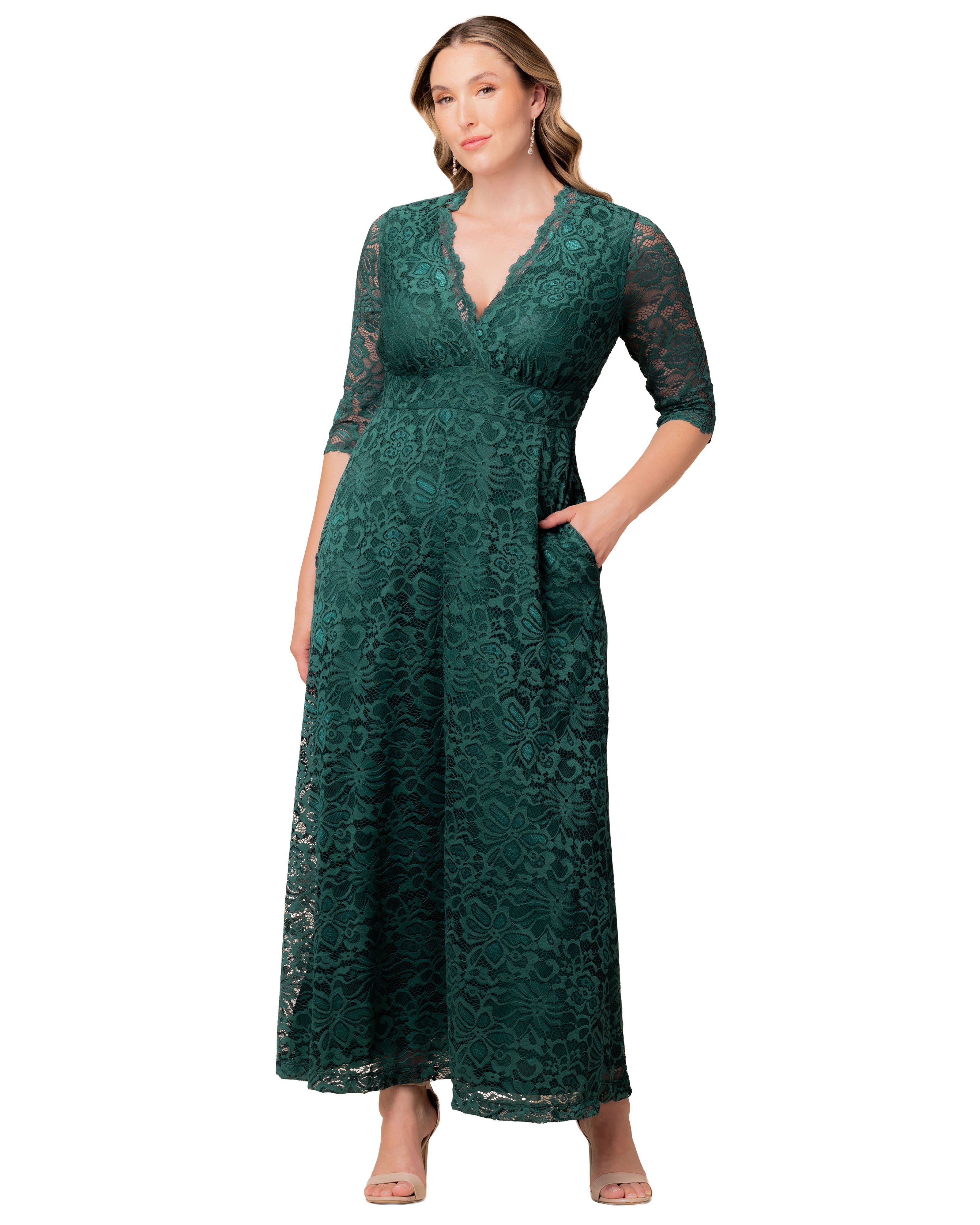 Maria Lace Evening Gown, EMERALD GREEN / Quetzal Green, hi-res image number 0