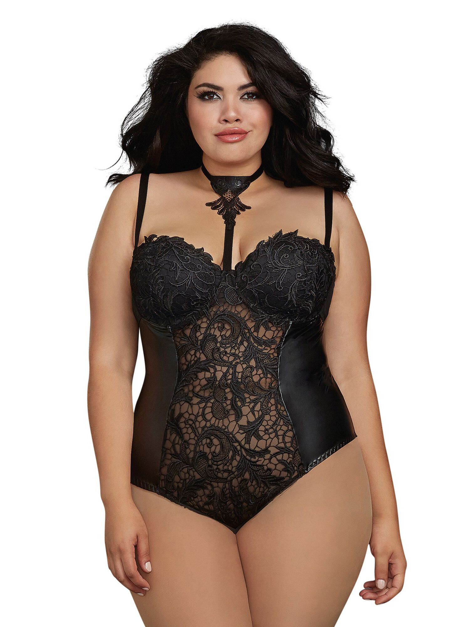 Plus Size Studded Faux-Leather Teddy with Flogger