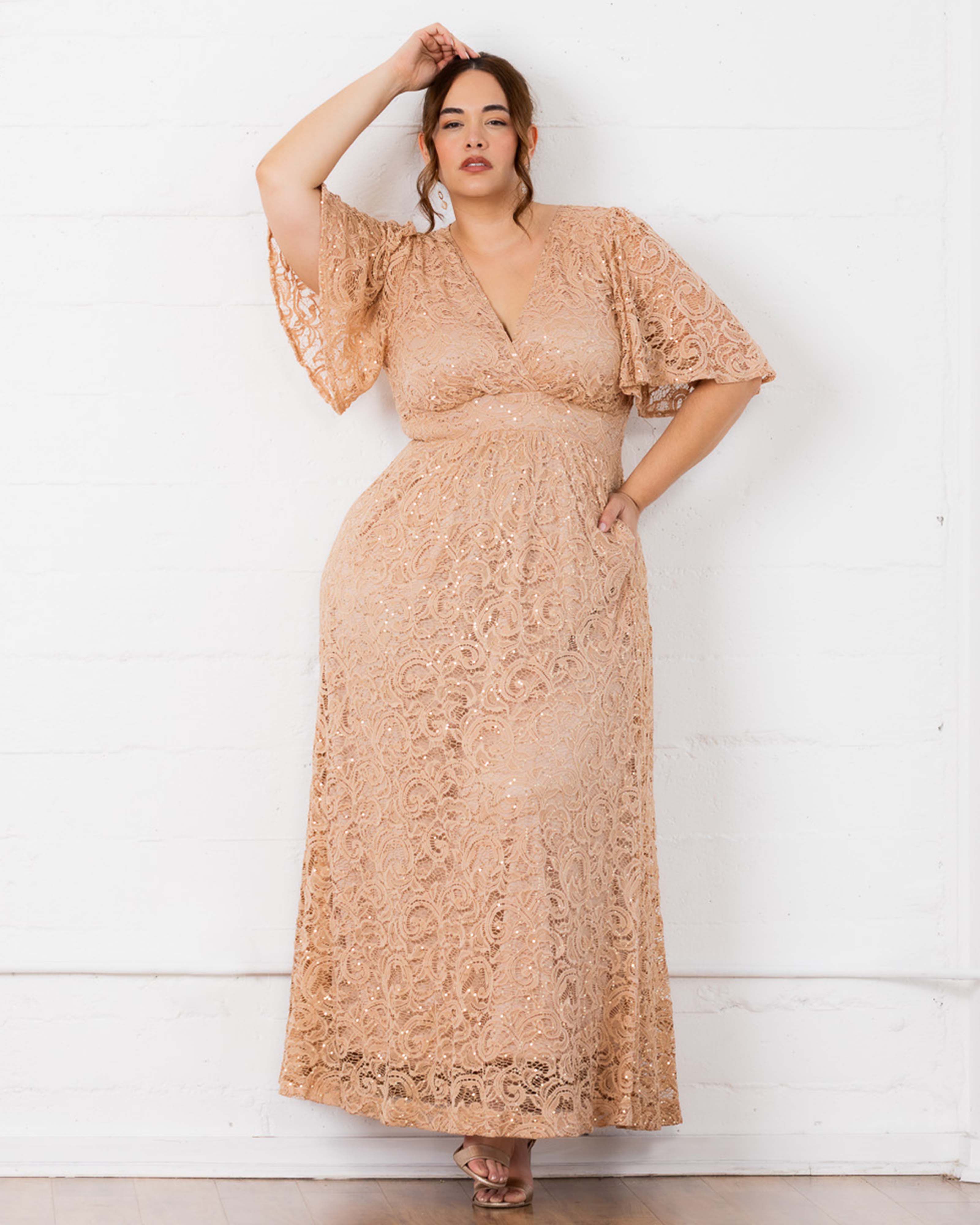 Luminous Sequin Lace Long Gown, CHAMPAGNE / Gold, alternate image number 3