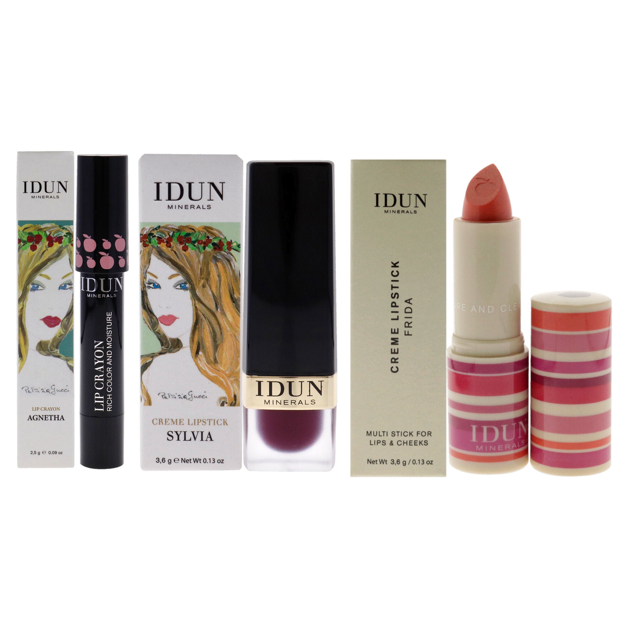 Creme Lipstick - 206 Sylvia -203 Frida and Lip Crayon - 401 Agnetha Kit by Idun Minerals for Women - 3 Pc Kit 2 x 0.13oz Lipstick, 0.09oz Lipstick, See Description, hi-res image number 0