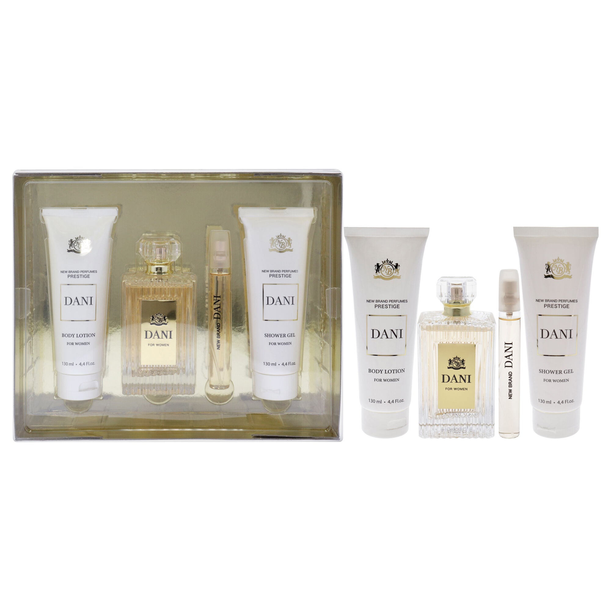 Prestige Dani by New Brand for Women - 4 Pc Gift Set 3.3oz EDP Spray, 0.5oz EDP Spray, 4.4oz Shower Gel, 4.4oz Body Lotion, See Description, hi-res image number 0