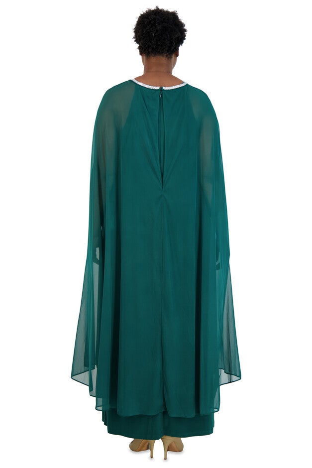 Floor Length Sheath Dress with Rhinestone Neckline and Sweeping Chiffon Cape - Plus, , alternate image number null