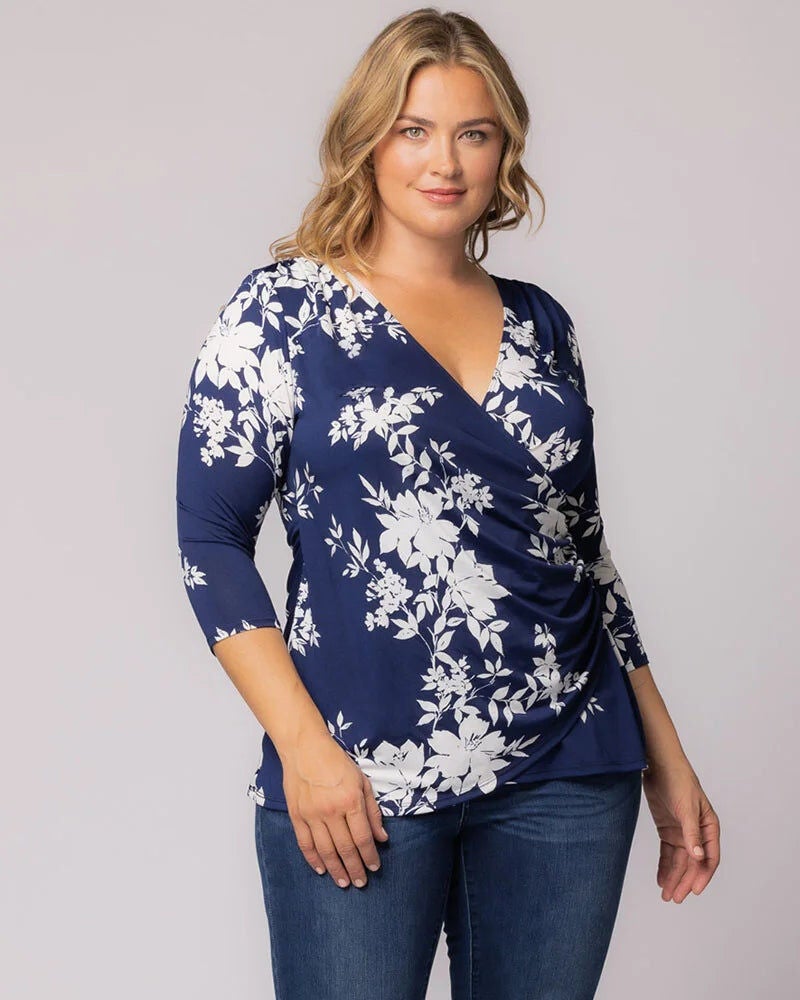Femme Fatale Faux Wrap Top, Navy Floral Print, alternate image number 2