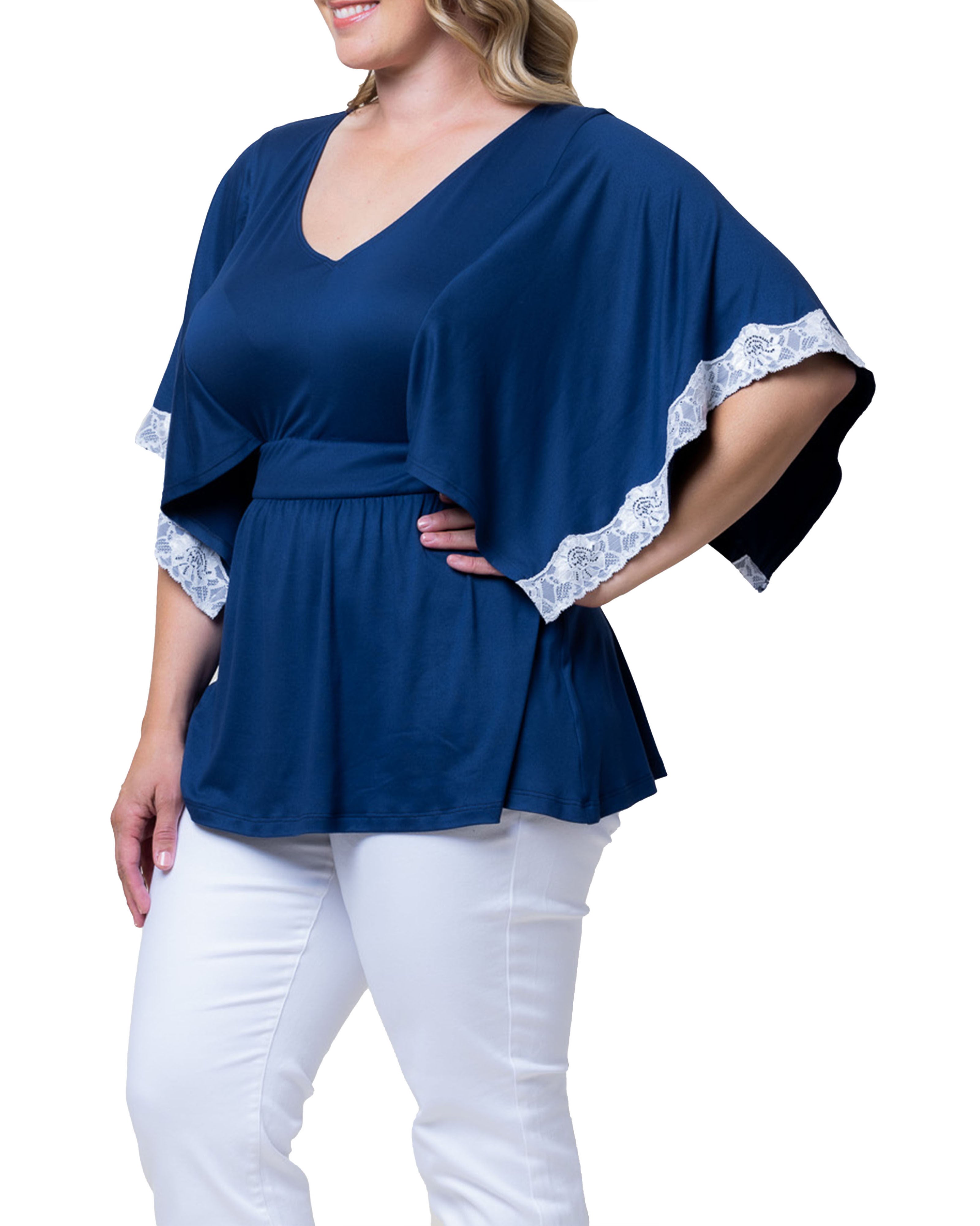 Sarah Lace Trim V-Neck Top, MARINE NAVY / Navy, alternate image number 3