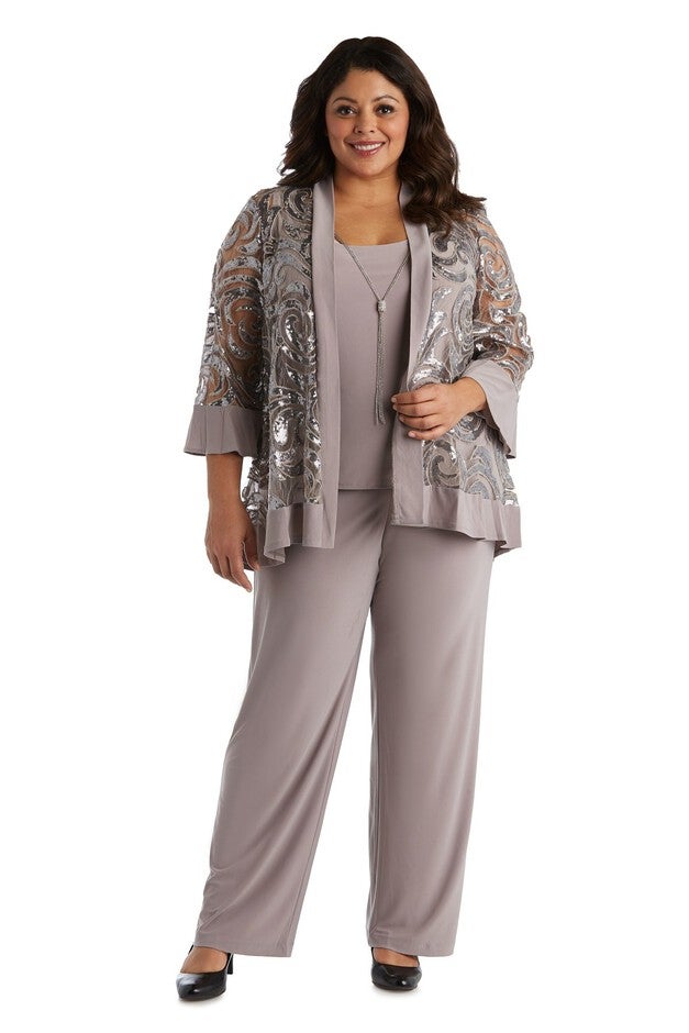 Tank Top and Pant Set With Sequin Swing Jacket and Built In Necklace - Plus, Champagne, hi-res image number null