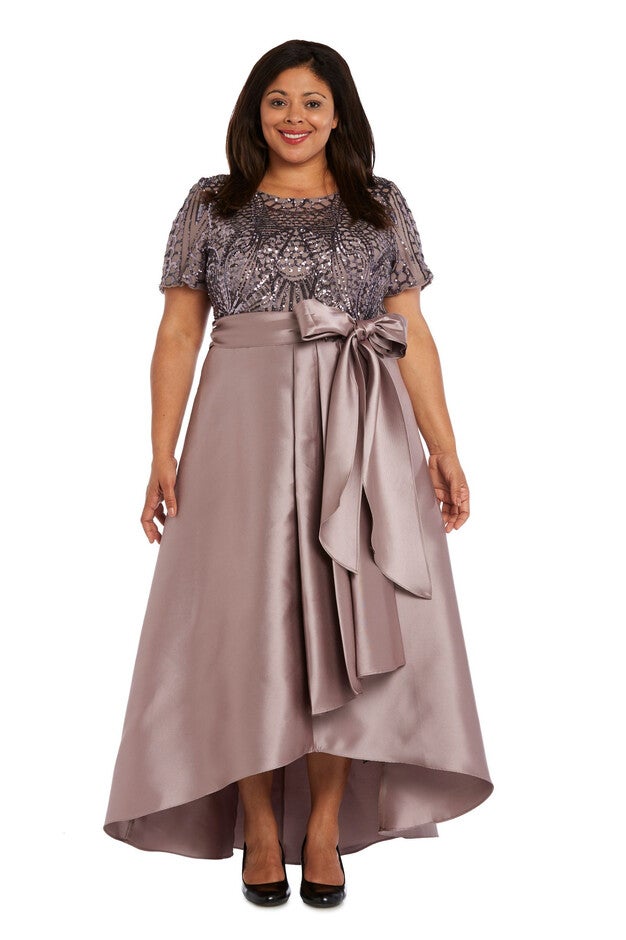 High-low Cocktail Skirt-Top Dress with Satin Skirt, Bow, and Sequin Top, Mocha, hi-res image number 0