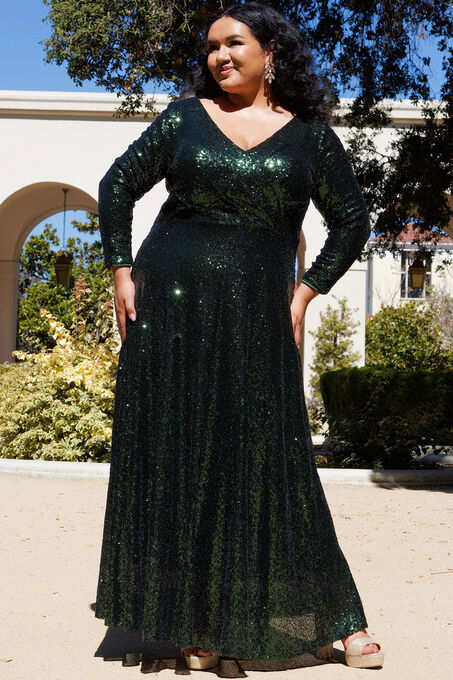 Uptown Sequin Long Evening Dress with Sleeves, Black, hi-res image number null