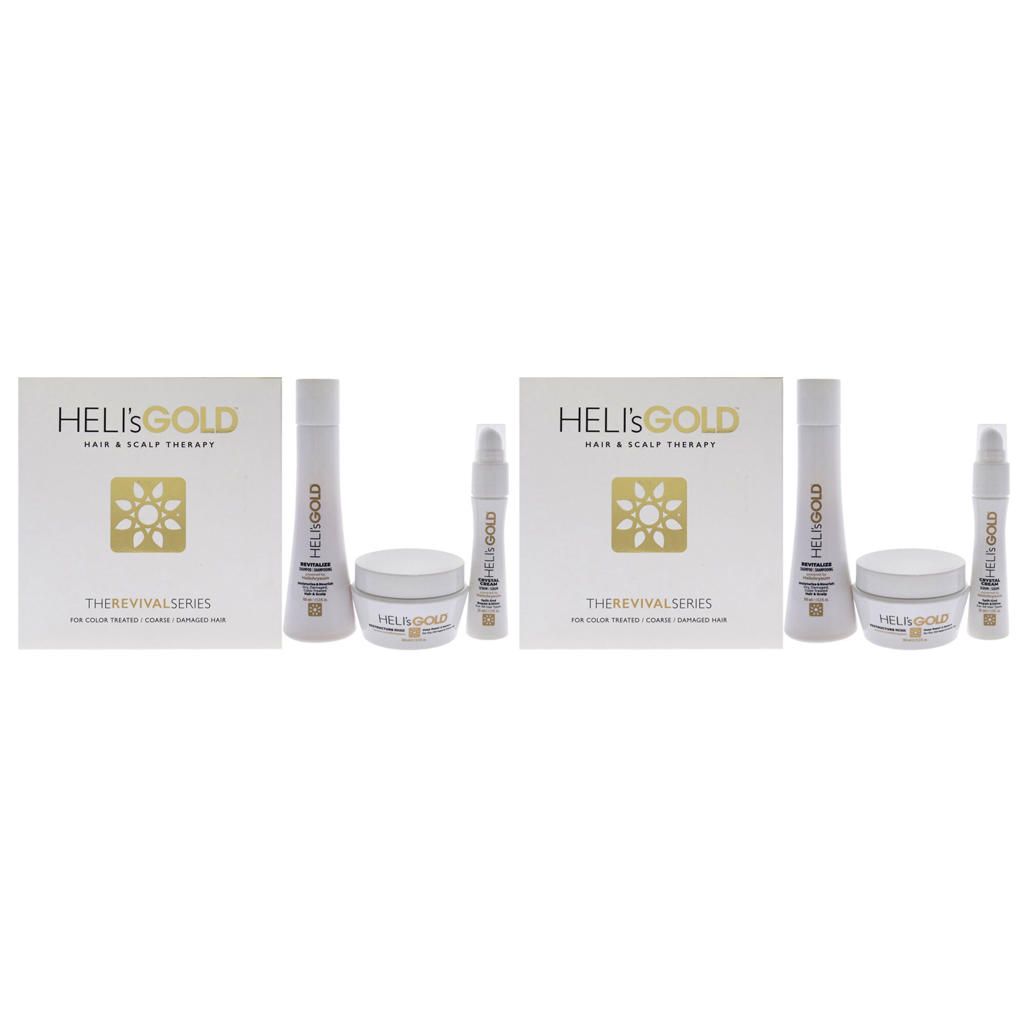 The Revival Series Travel Kit by Helis Gold for Unisex - 3 Pc 3.3oz Revitalize Shampoo, 3.3oz Restructure Masque, 1oz Crystal Cream - Pack of 2, See Description, hi-res image number 0
