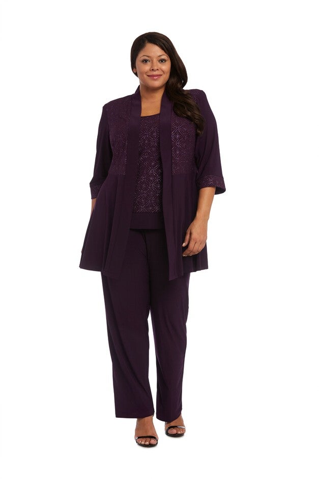 Faux 3-Piece Pant Set with Lace Detail, Plum, hi-res image number 0