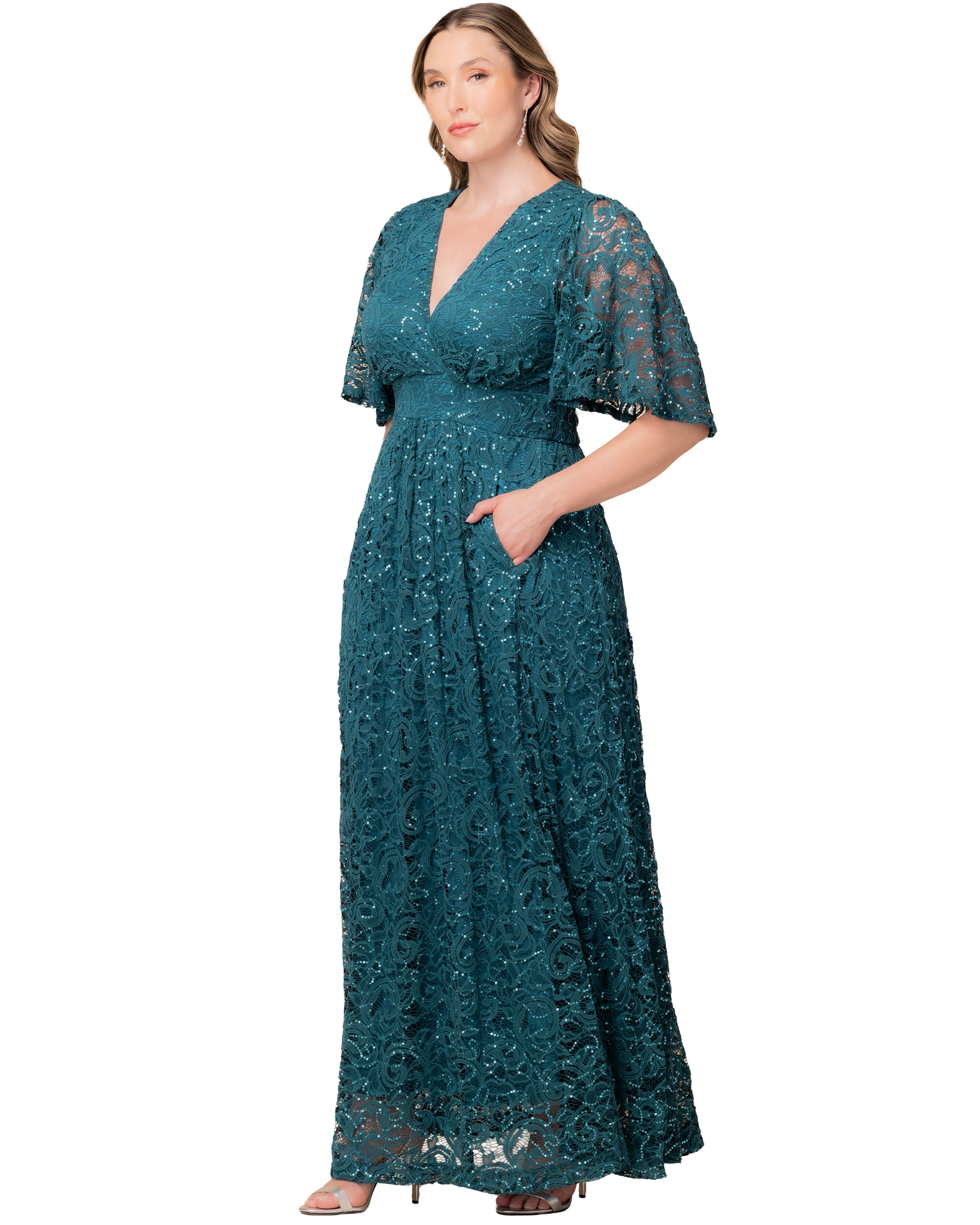 Luminous Sequin Lace Evening Gown, TEAL TOPAZ / Teal, alternate image number 3
