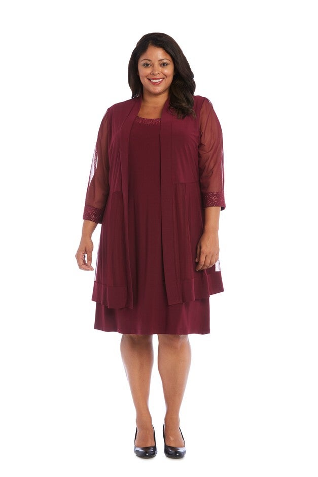 Relaxed-Fit Shift Dress with Sparkling Neckline and Soft Jacket with Sheer Inserts, Merlot, hi-res image number null