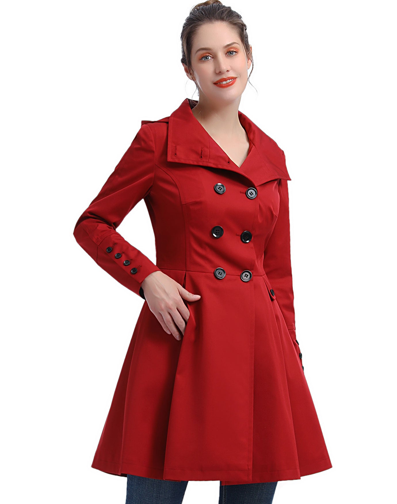 Kayla Waterproof Hooded Mid Length Trench Coat, Red, hi-res image number 0