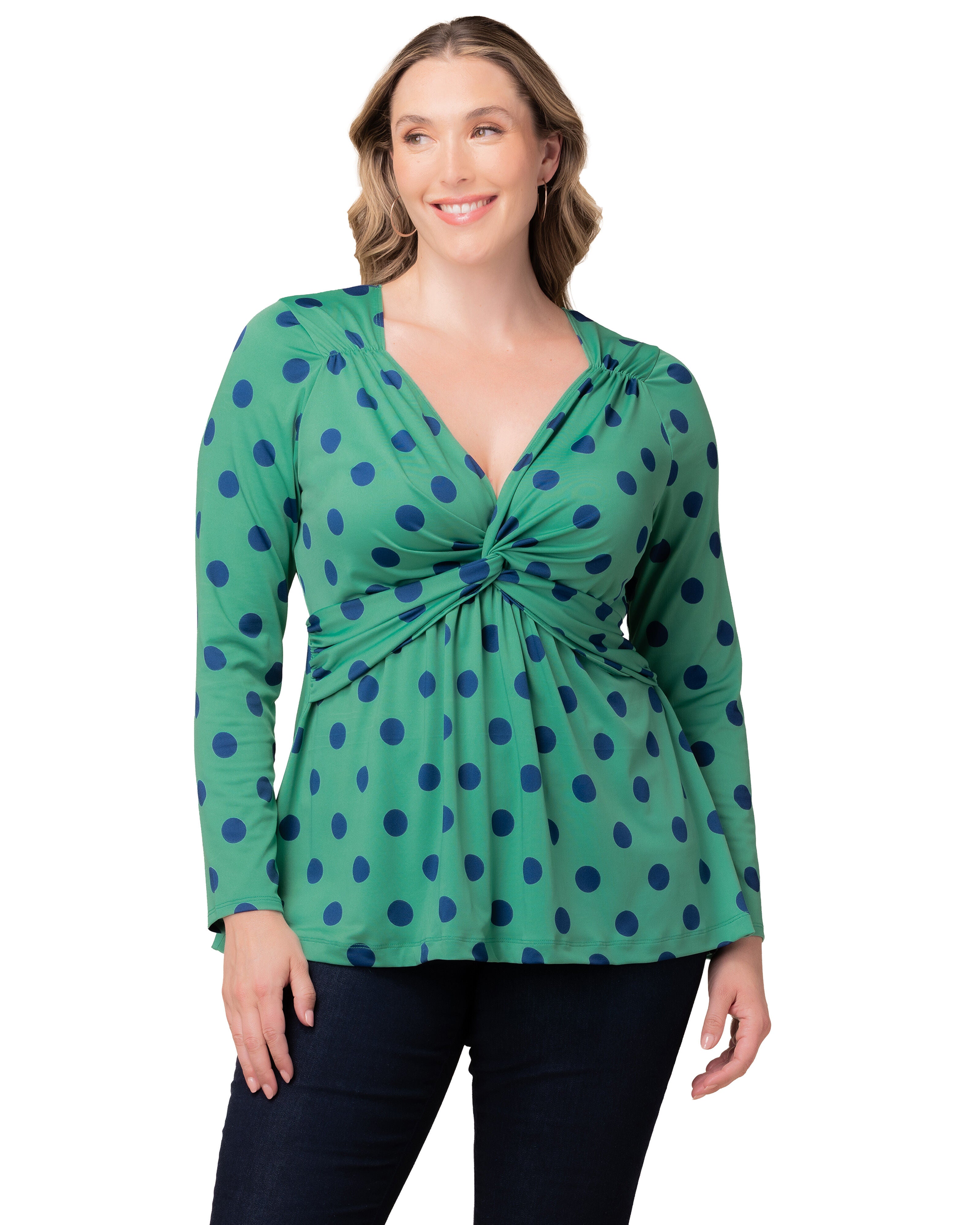 Abigail Long Sleeve Twist Top, GREEN POLKA DOT / Kelly Green, hi-res image number 0
