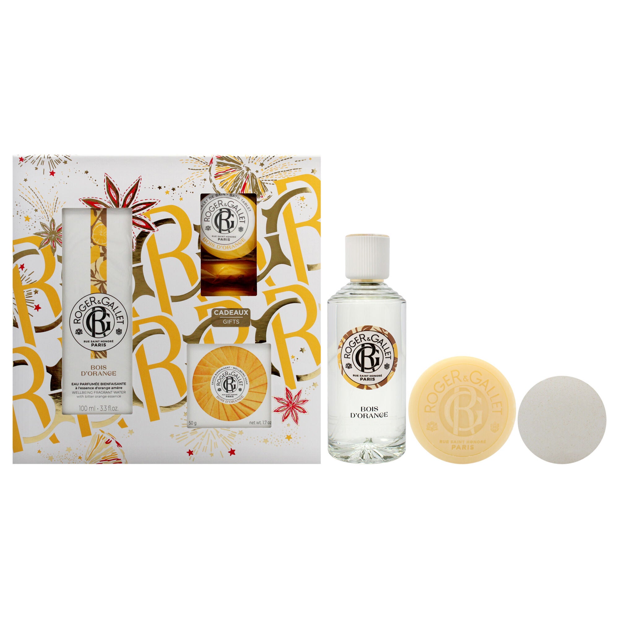 Bois DOrange Set by Roger & Gallet for Unisex - 5 Pc Gift Set 3.3oz Wellbeing Fragrant Water, 1.7oz Wellbeing Soap, 3 x 0.88oz Bath Tablets, See Description, hi-res image number 0