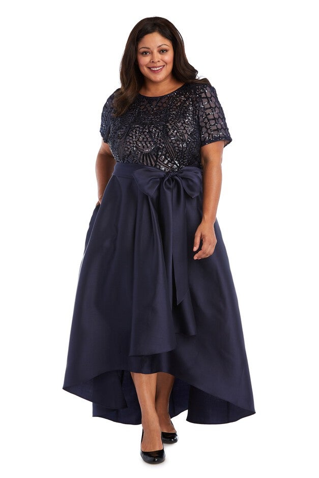 High-low Cocktail Skirt-Top Dress with Satin Skirt, Bow, and Sequin Top, Navy, hi-res image number null