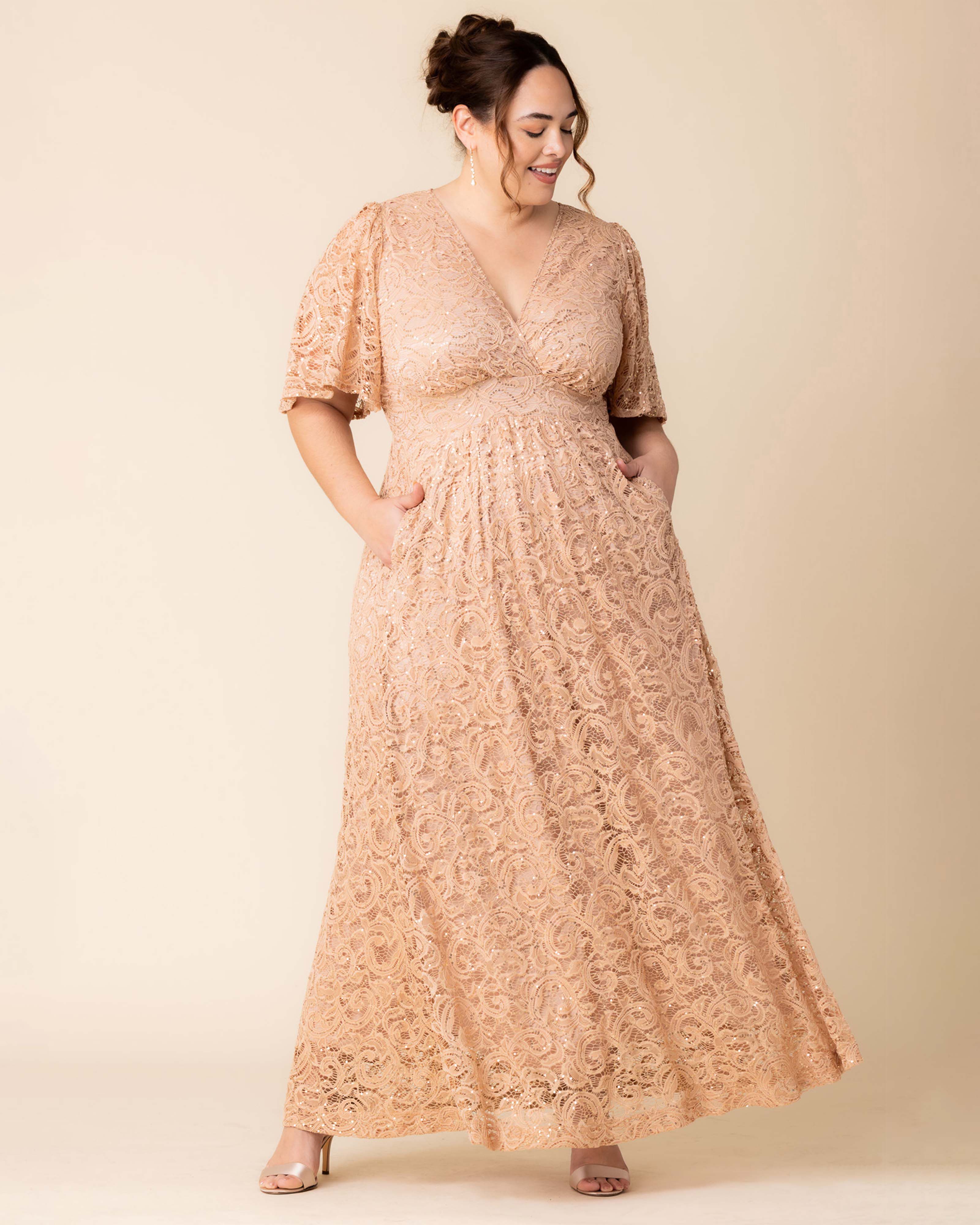 Luminous Sequin Lace Long Gown, CHAMPAGNE / Gold, alternate image number 4