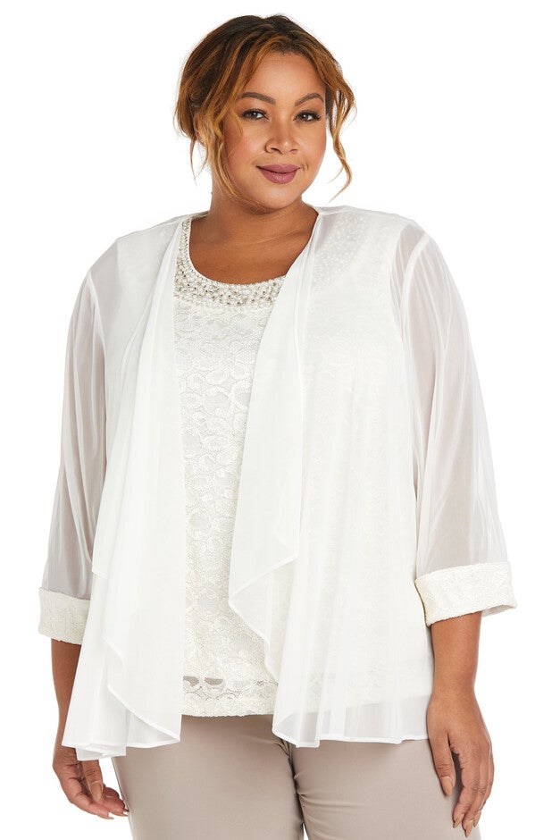 Two Piece Beaded Neck Matte Jersey Chiffon and Lace Twin Set, Ivory, hi-res image number null