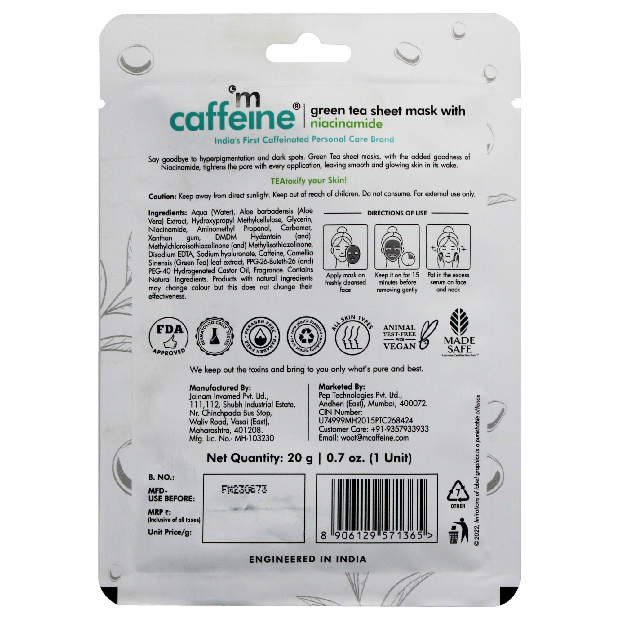 Green Tea Sheet Mask with Niacinamide by mCaffeine for Unisex - 0.7 oz Mask, See Description, alternate image number 1