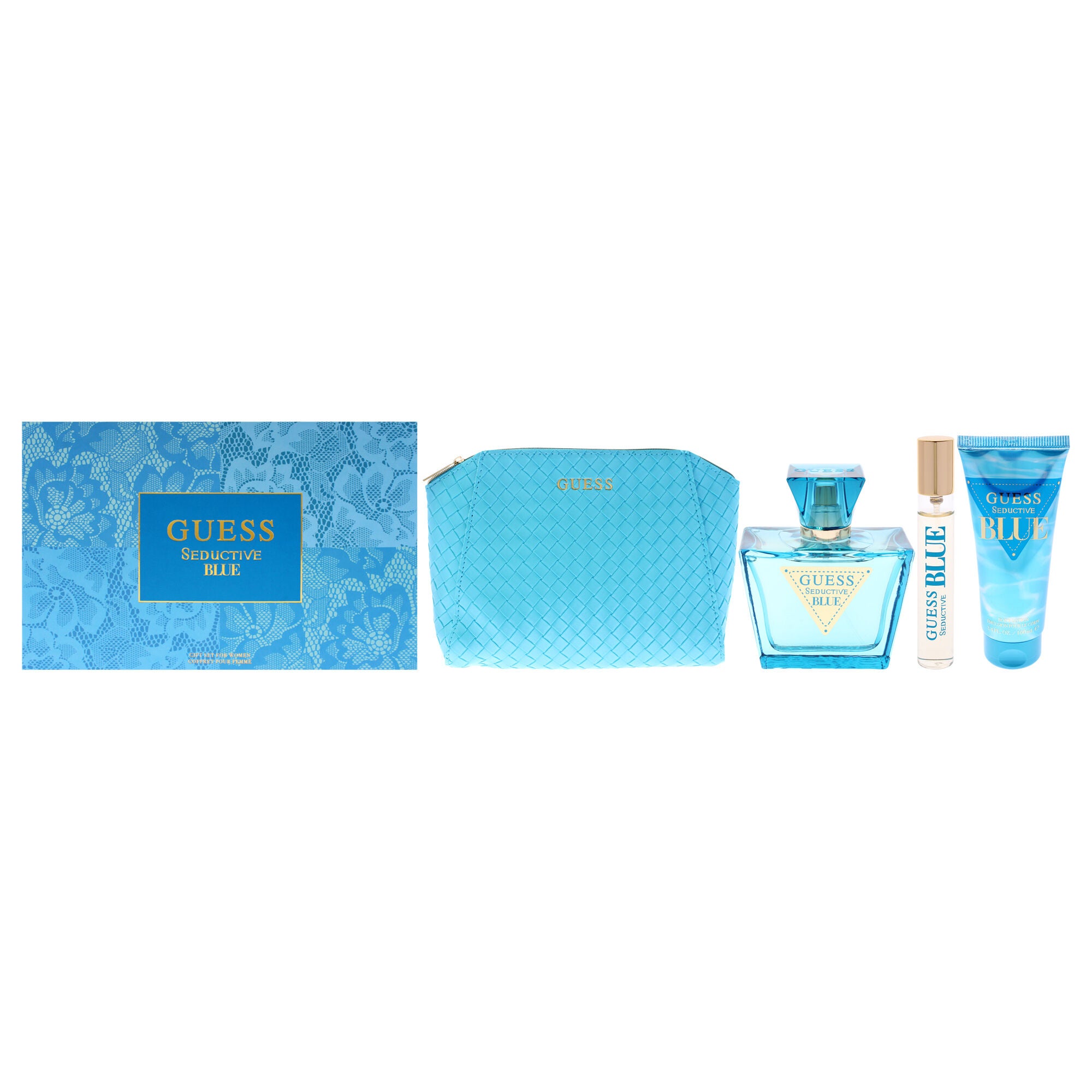 Guess Seductive Blue by Guess for Women - 4 Pc Gift Set 2.5oz EDT Spray, 3.4oz Body Lotion, 0.5oz EDT Spray, Pouch, See Description, hi-res image number 0