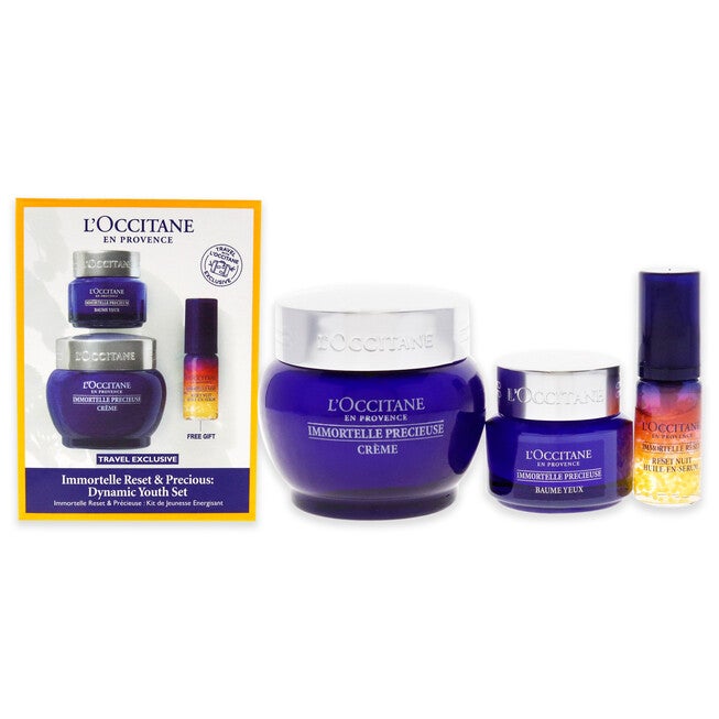 Immortelle Reset and Precious Dynamic Youth Set by LOccitane for Unisex - 3 Pc 0.16oz Overnight Reset Oil-In-Serum, 0.5oz Eye Balm, 1.7oz Cream, NA, hi-res image number null